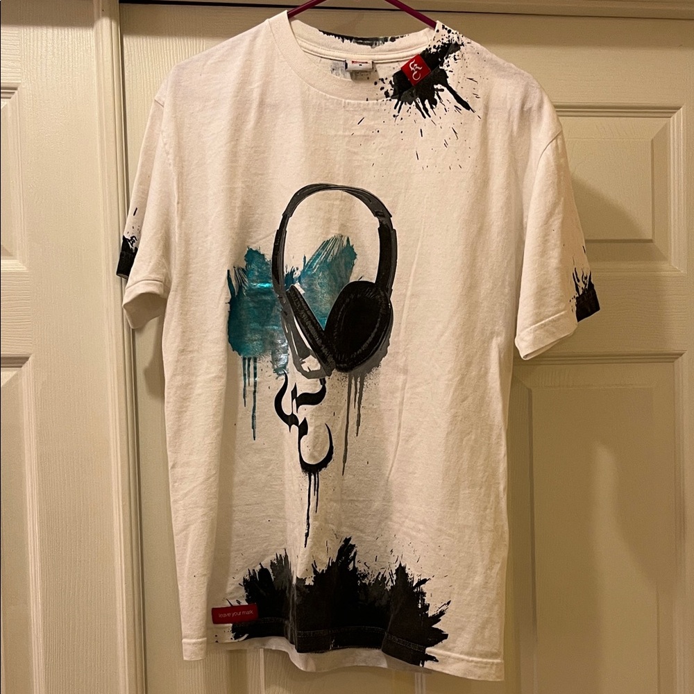 White Graphic Tee with Headphone Design